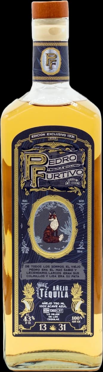 Bottle of Pedro Furtivo 1331 Añejo tequila with its navy and gold engraved label
