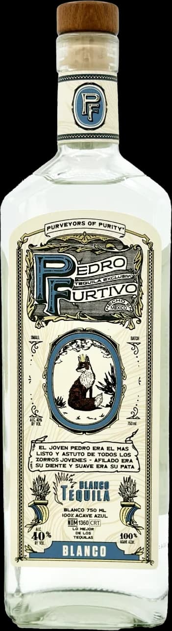 Bottle of Pedro Furtivo Blanco tequila with its blue engraved label