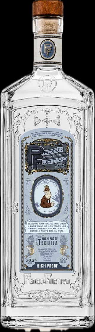Bottle of Pedro Furtivo High Proof Blanco tequila in the new embossed glass, with its pale blue engraved label