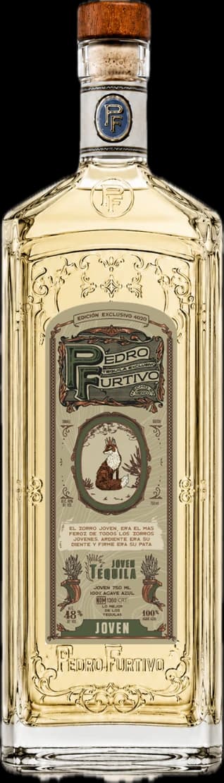 Bottle of Pedro Furtivo Joven tequila in the new embossed glass, with its sage green engraved label