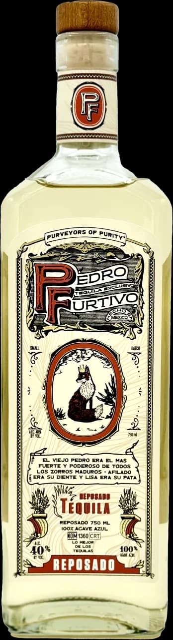 Bottle of Pedro Furtivo Reposado tequila with its terracotta engraved label