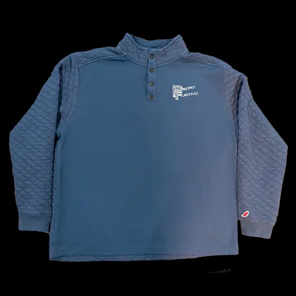 Navy quilted snap-button pullover with the Pedro Furtivo wordmark embroidered on the chest