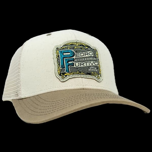 Natural-colored trucker hat with a khaki brim and a woven Pedro Furtivo label patch